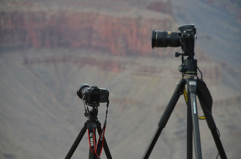 Cameras on stands. Free public domain CC0 photo.