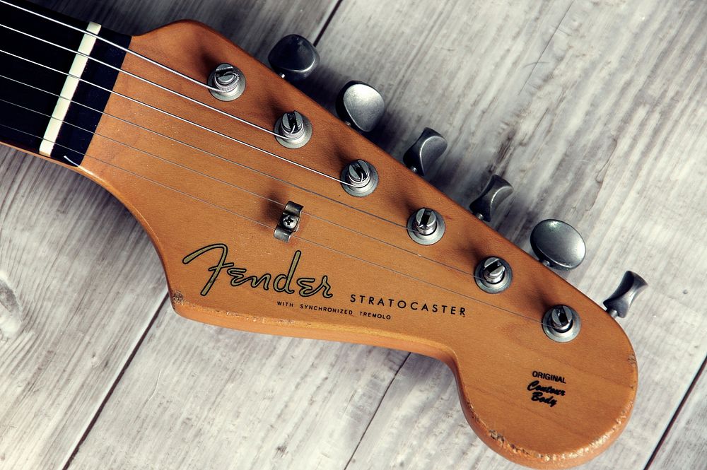 Close up of the Fender Stratocaster guitar, 9 September 2015, location unknown. View public domain image source here