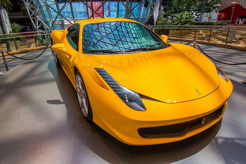 Yellow Ferrari sports car. Location Unknown. Date Unknown.