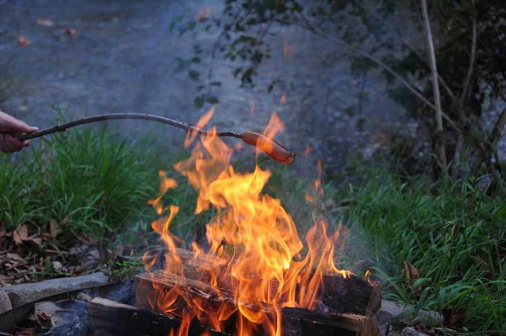 Grilling sausage over fire. Free public domain CC0 photo.