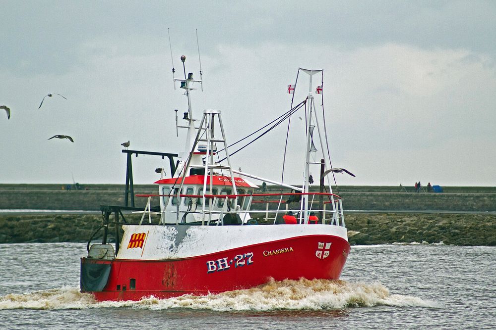 Red fishing boat sailing. Free public domain CC0 photo.