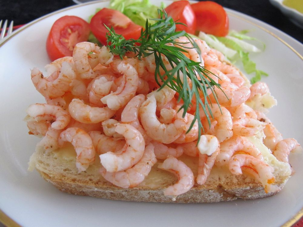 Shrimp on sandwich breakfast. Free public domain CC0 photo.