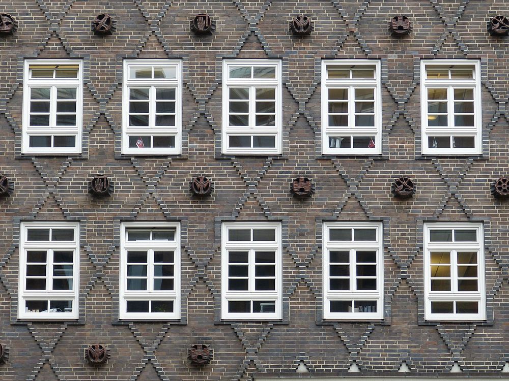 Hamburg city building windows closeup. Free public domain CC0 photo.