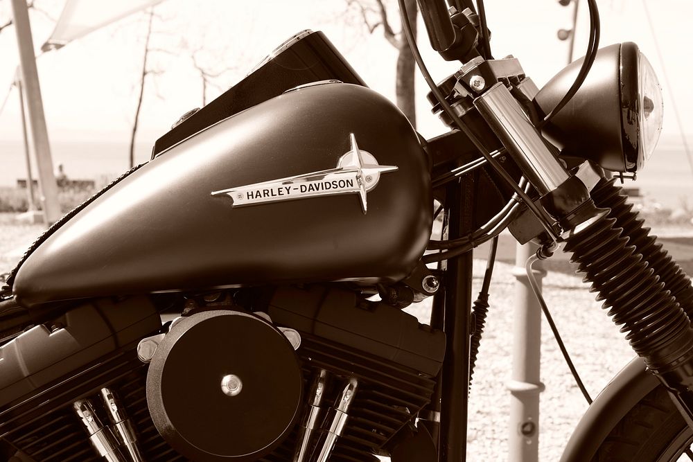 Harley Davidson motorcycle closeup, location unknown, 10 April 2015. View public domain image source here