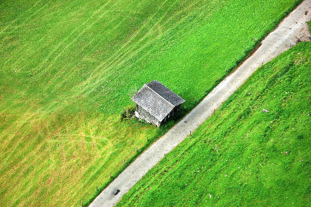 Hut in Switzerland, top view. Free public domain CC0 photo.