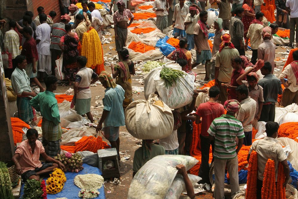 People in Kolkata flower market. Free public domain CC0 image.