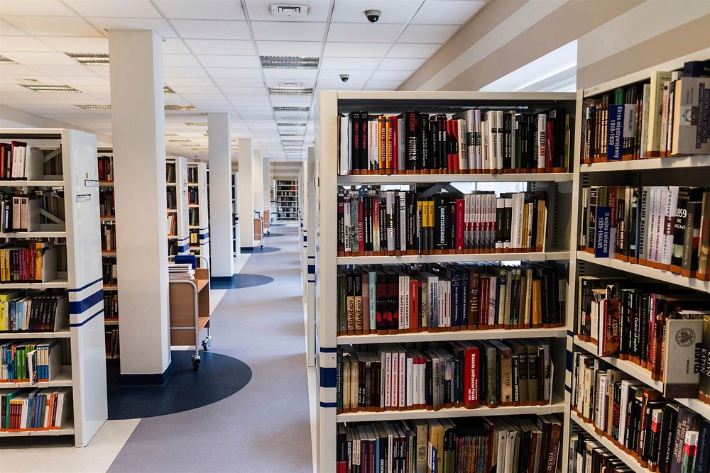 Free library shelves with many books photo, public domain CC0 image.