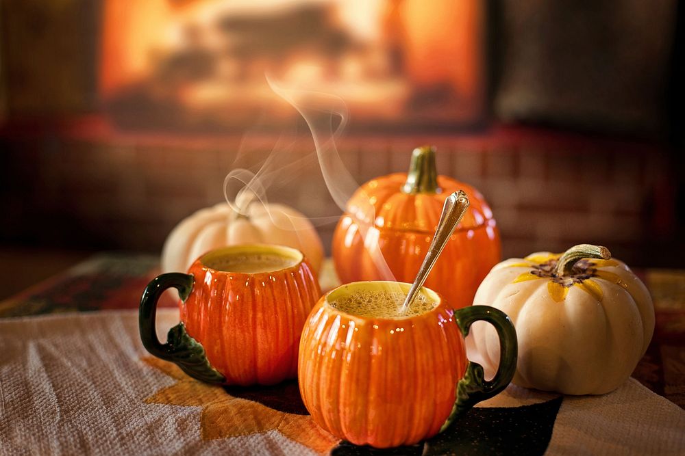 Free hot drink with pumpkin tea set photo, public domain beverage CC0 image.