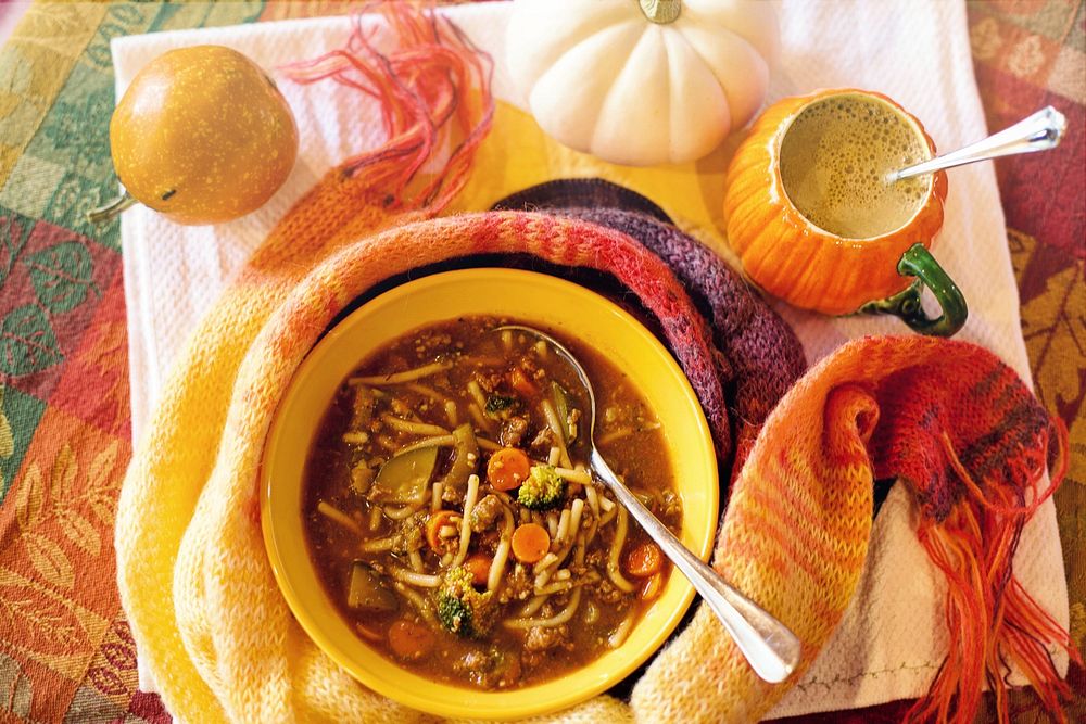 Free pasta, pumpkin and vegetable soup image, public domain food CC0 photo.