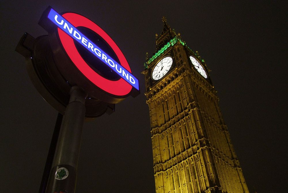 Underground sign at Big Ben Tower, London, UK, 9 July 2015.