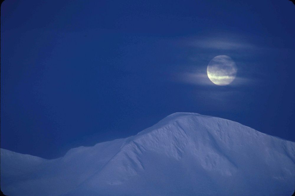 Snowcap mountains with full moon. Free public domain CC0 image. 