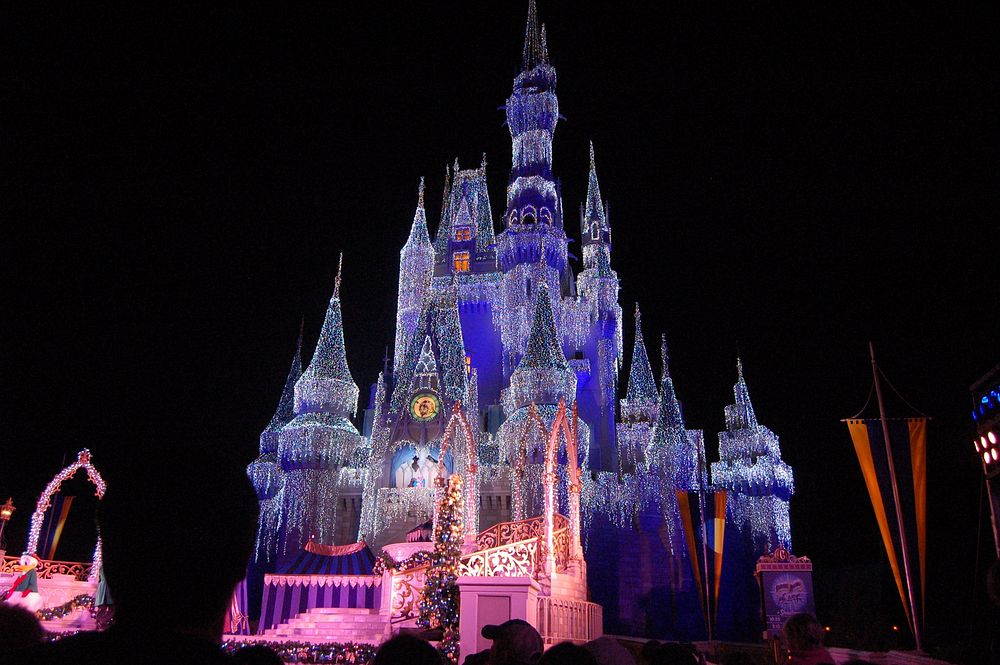 Cinderella's castle light up at night in Disney World. Free public domain CC0 image.