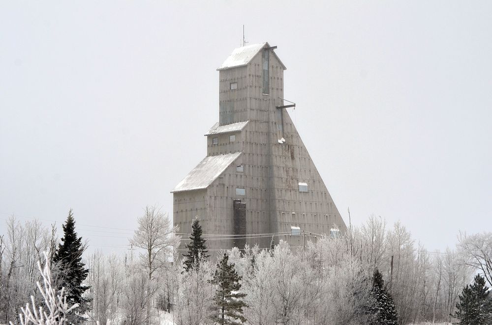 McIntyre head frame during winter. Free public domain CC0 photo.