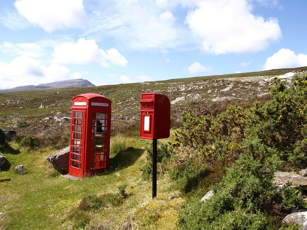 Red telephone booth and post box. Free public domain CC0 photo.