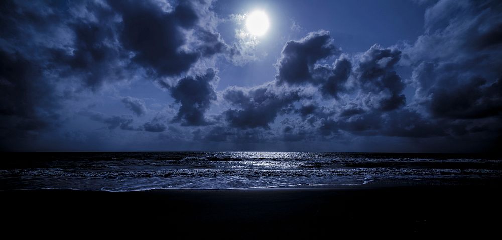 Beach with a full moon at night. Free public domain CC0 photo.