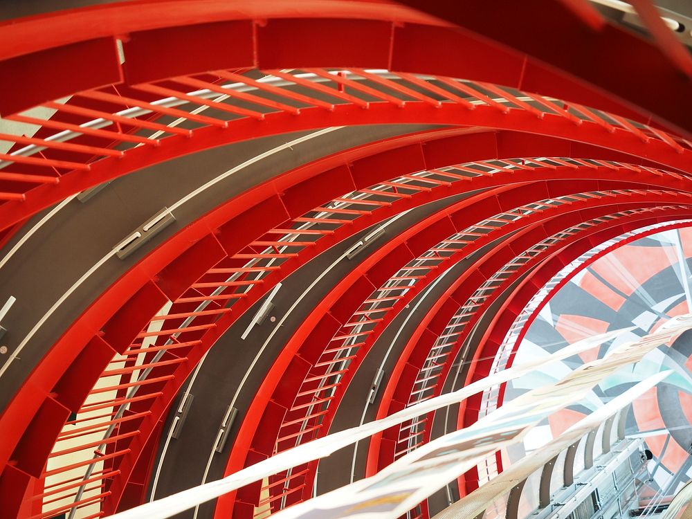 Futuristic red staircase. Free public domain CC0 photo.