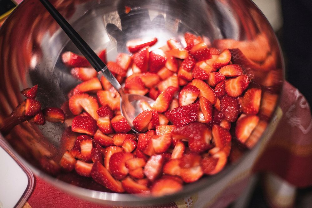 Chopped strawberries in bowl. Free public domain CC0 photo.