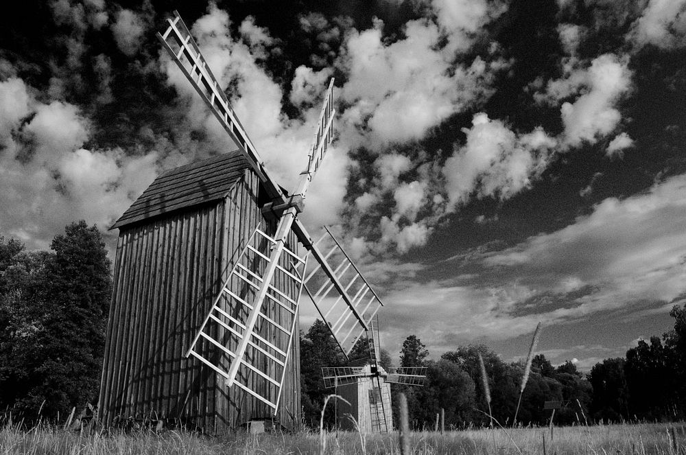 Old windmill in black and white. Free public domain CC0 photo.