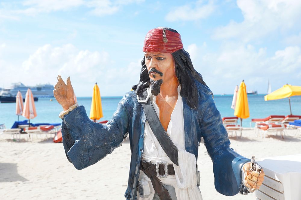 Jack Sparrow statue at beach, Sint Maarten - 12 January 2016