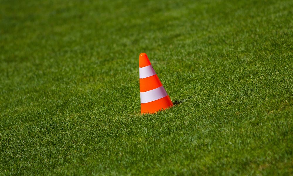 Traffic cone on grass. Free public domain CC0 photo.