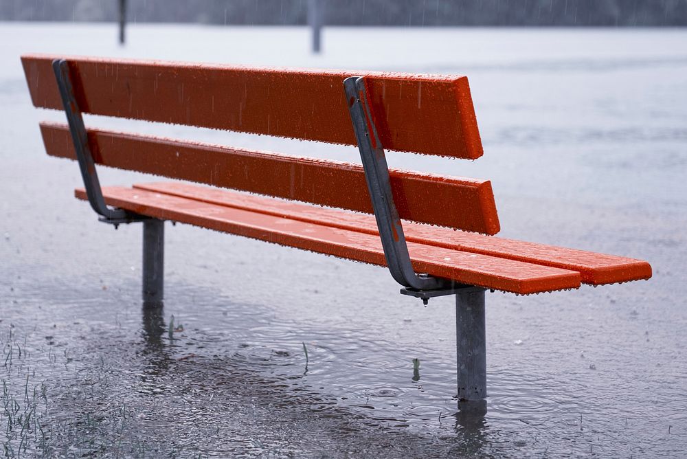 Park bench in flood. Free public domain CC0 photo