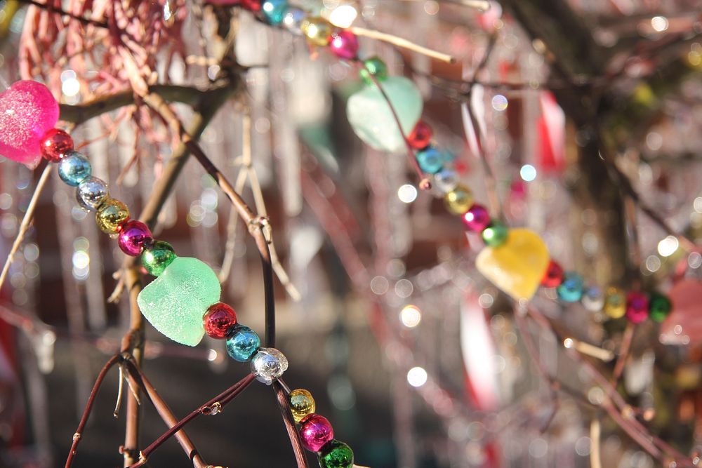 Closeup on colorful Christmas decorations. Free public domain CC0 image.