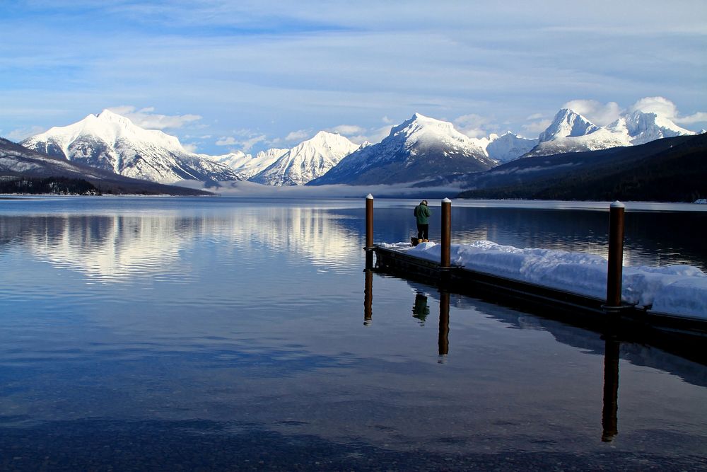 Jetty by snowy mountains. Free public domain CC0 photo.