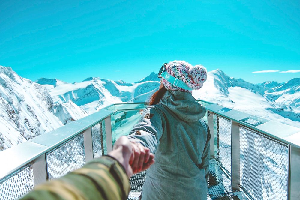 Free women holding hand on top of mountain image, public domain people CC0 photo.