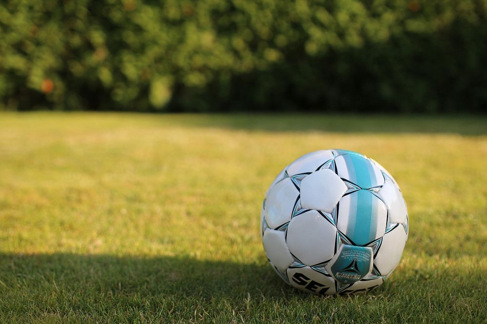 Free closeup on soccer ball on grass photo, public domain sport CC0 image.