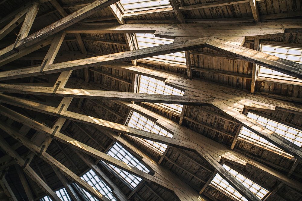 Wooden roof interior design of old buiding, free public domain CC0 photo.