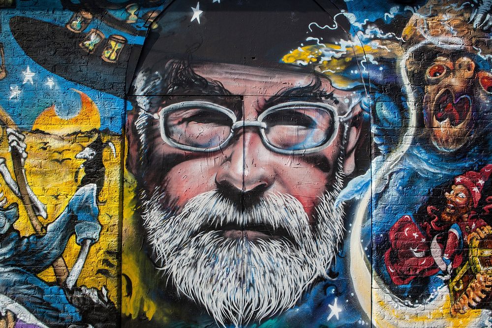 Terry Pratchett Street Art by Jim Vision and Dr Zadok, London, England, date unknown.