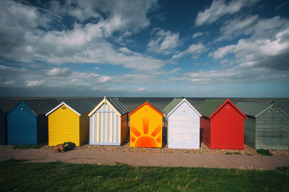 Free colorful beach huts image, public domain shelter CC0 photo.