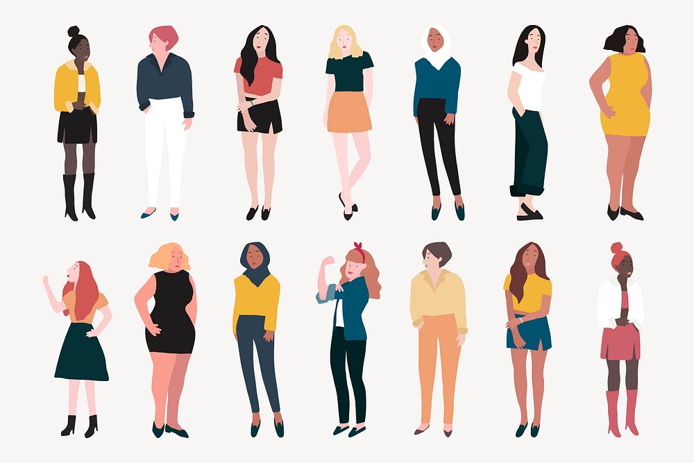 Diverse women clipart, character illustrations vector set
