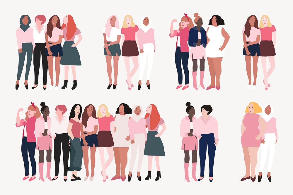 Feminism & female community clipart, character illustrations vector set