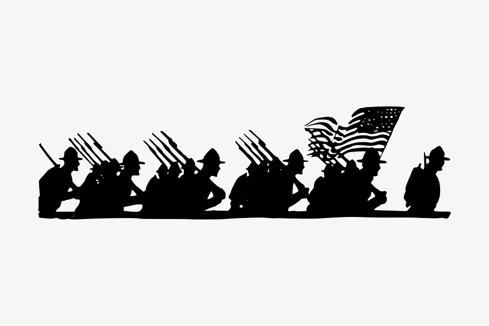Marching soldiers silhouette clipart, vintage illustration vector. Free public domain CC0 image.