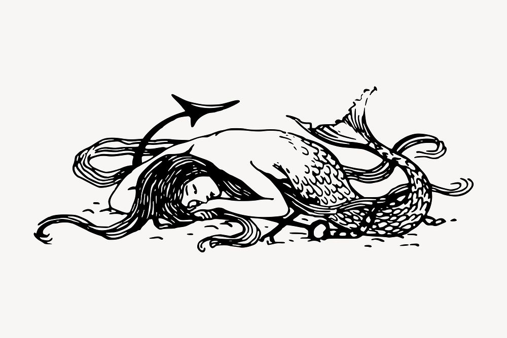 Sleeping mermaid clipart, fairytale illustration vector. Free public domain CC0 image.