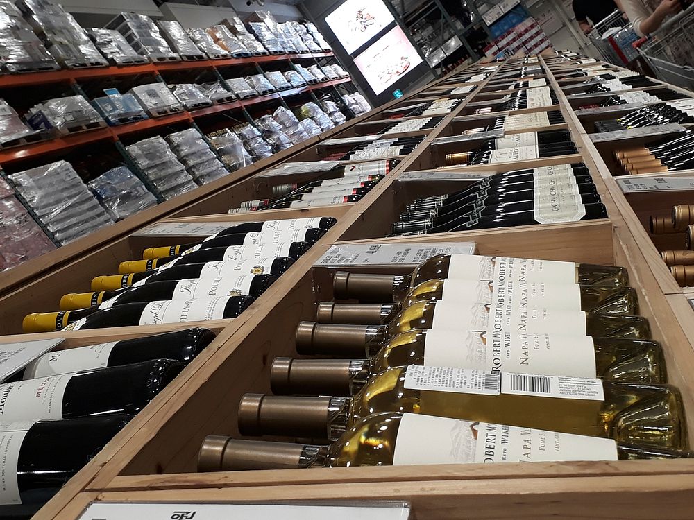 Wine bottles in Costco warehouse shop, location unknown, 16 September 2019. View public domain image source here