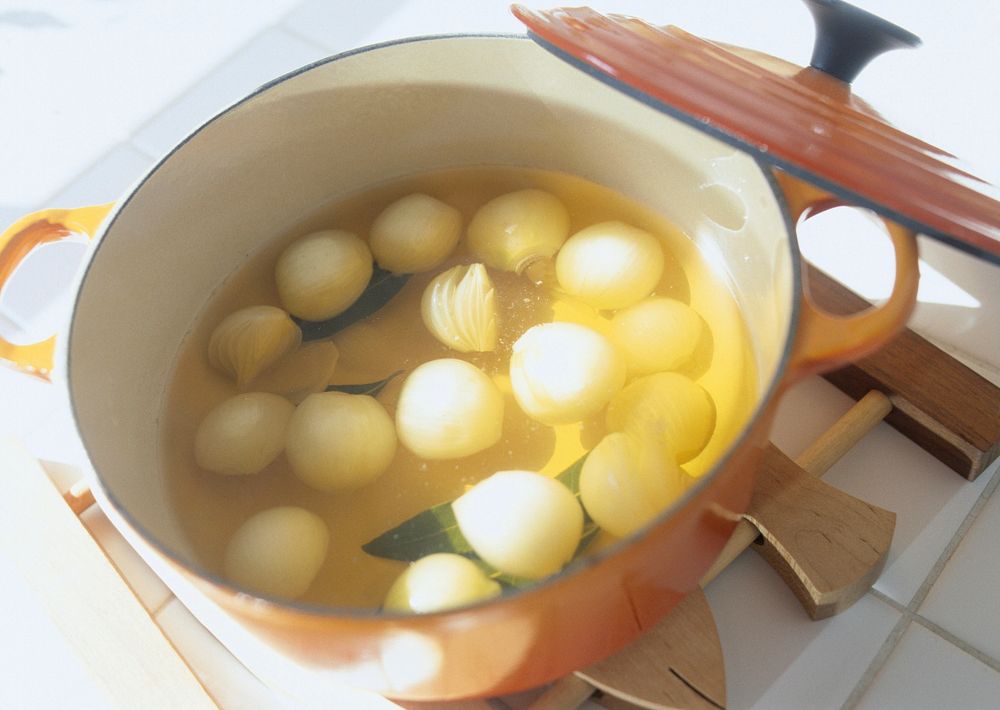 Free boiling onion in pot photo, public domain food CC0 image.