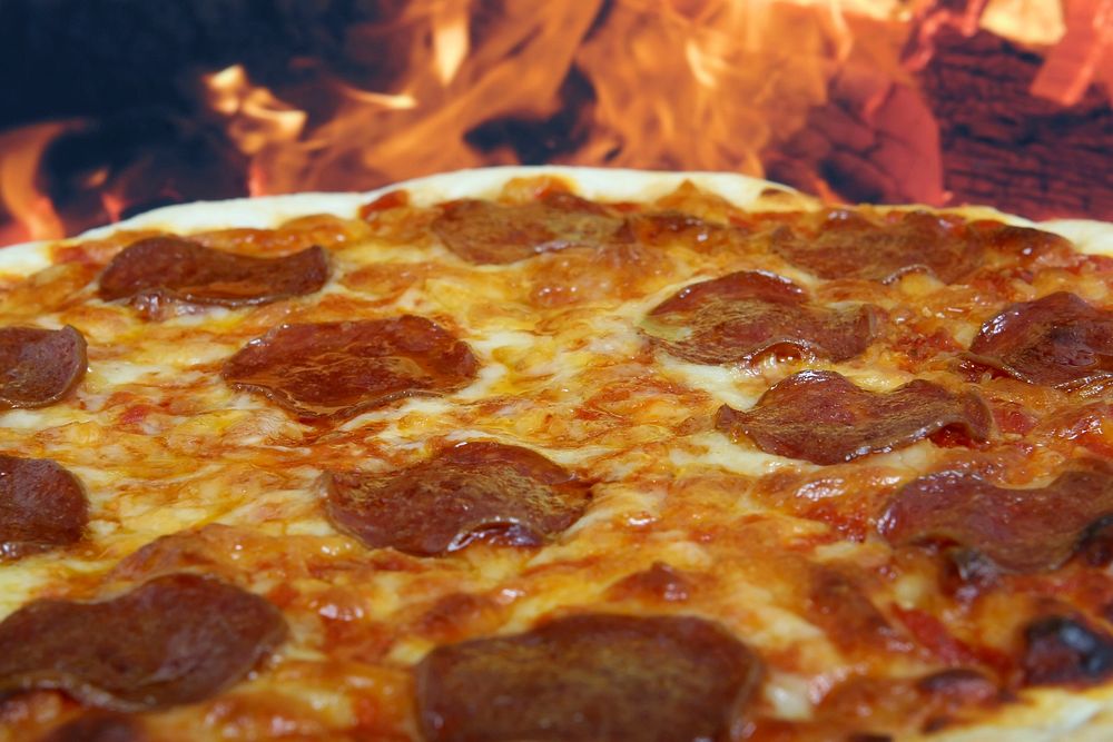 Free close up pepperoni pizza in the oven image, public domain food CC0 photo.