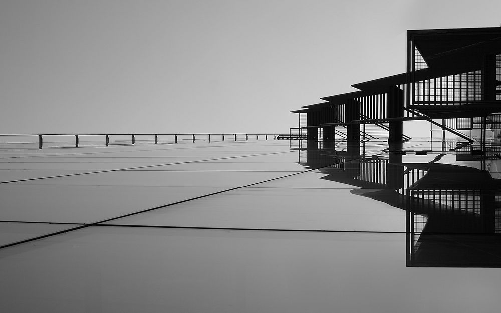 Waterfront pier black and white  photo, free public domain CC0 image.