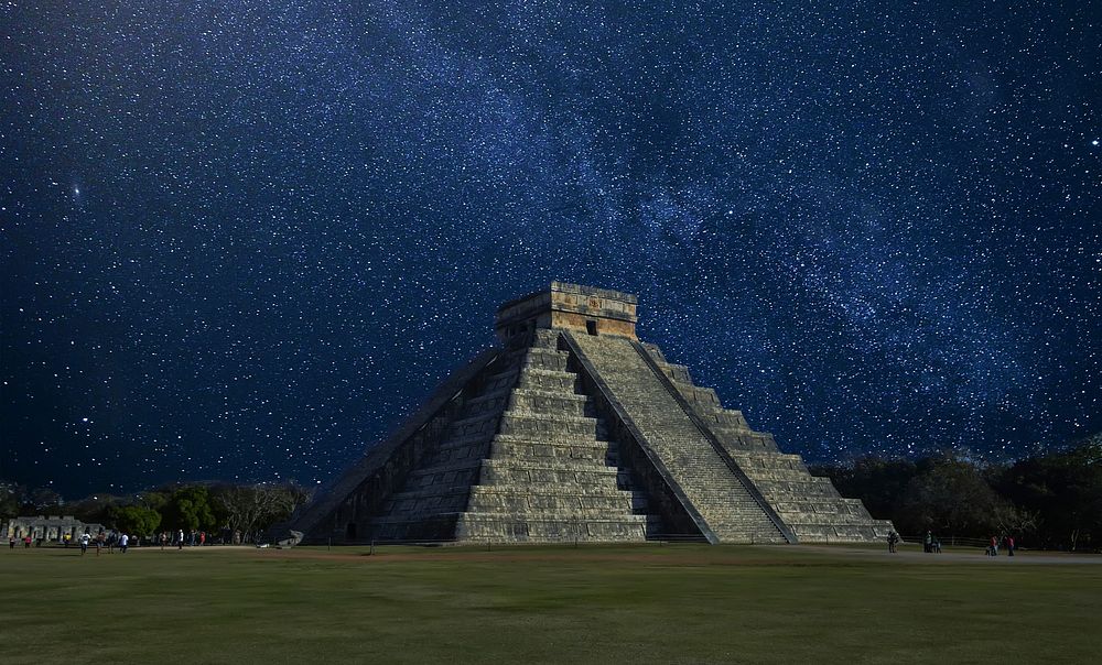 Egypt pyramid under starry night sky photo, free public domain CC0 image.