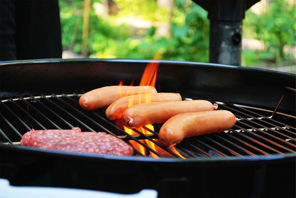 Free sausages and burgers on a grill image, public domain food CC0 photo.