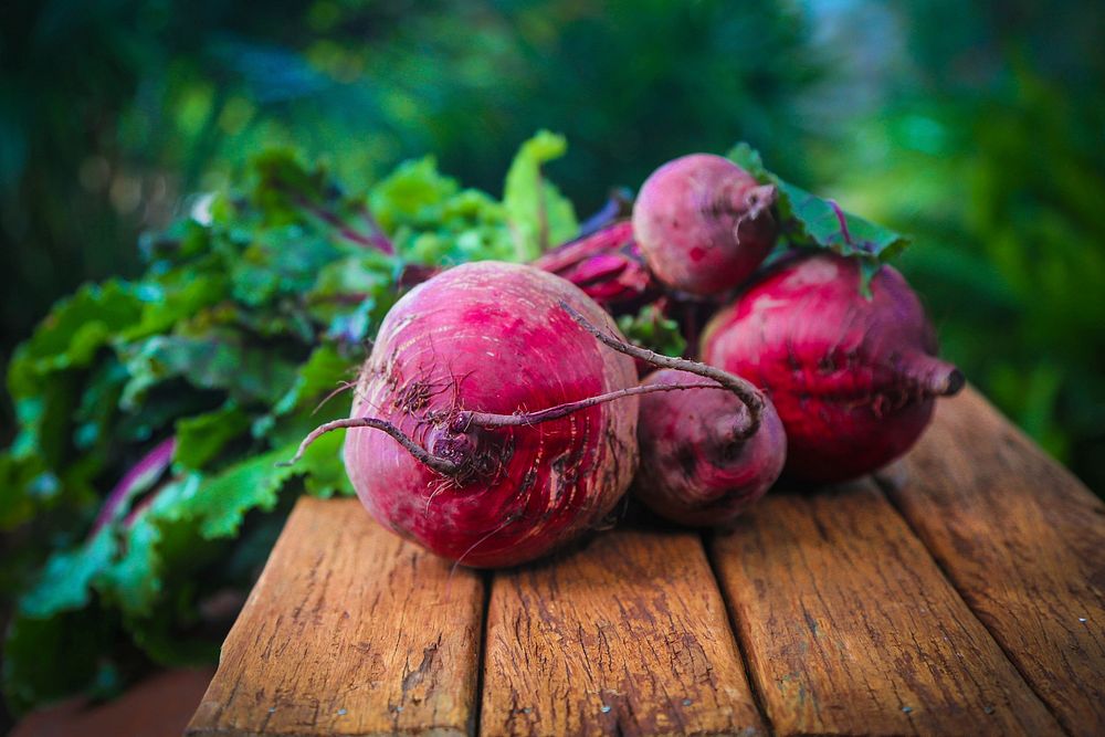 Free beetroot on wooden table photo, public domain food CC0 image.