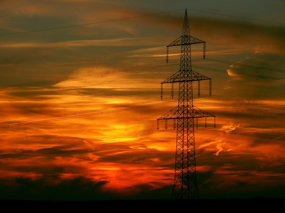 Free transmission tower at sunset photo, public domain electricity CC0 image.