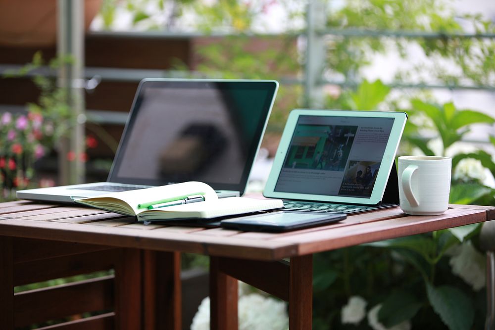 Free working table with laptop, iPad, coffee cup image, public domain CC0 photo.