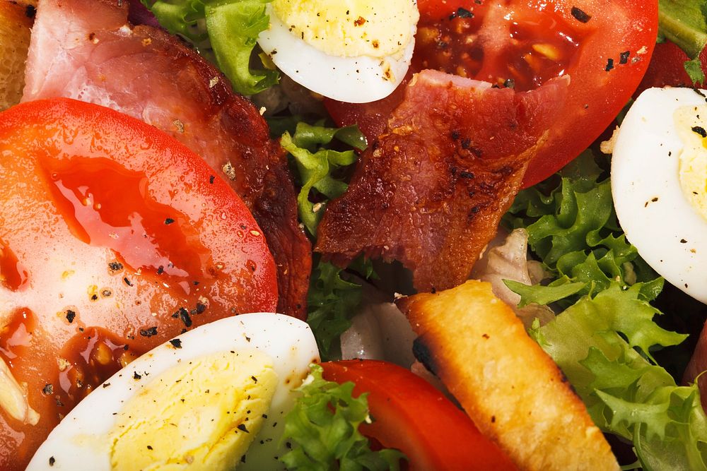 Free close up salad with bacon and egg image, public domain food CC0 photo.
