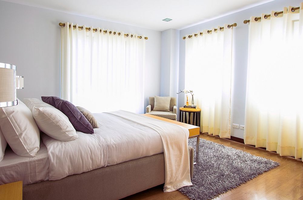 Free elegant and simple bedroom image, public domain interior design CC0 photo.