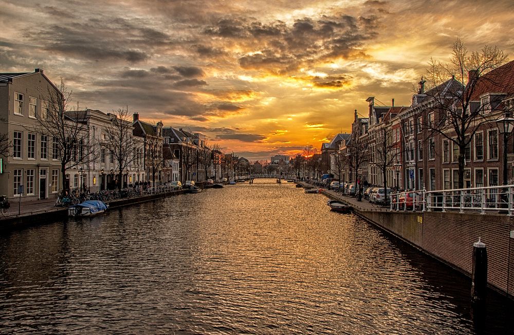 Free beautiful European canal at sunset image, public domain CC0 photo.