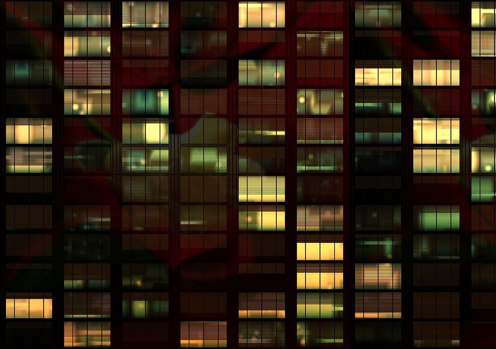 Free lit building windows image, public domain architecture CC0 photo.