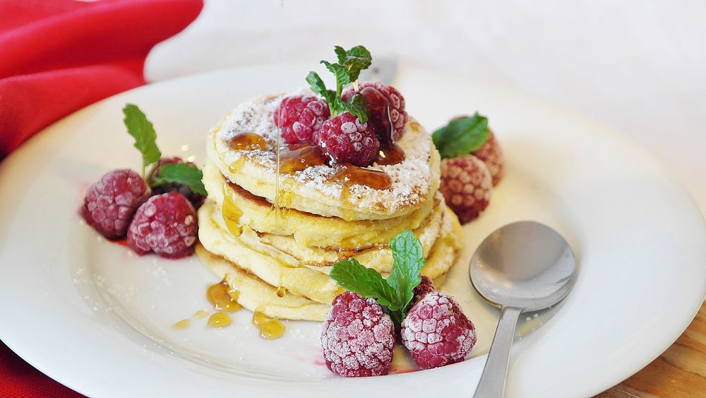 Free honey pancake with raspberry image, public domain food CC0 photo.